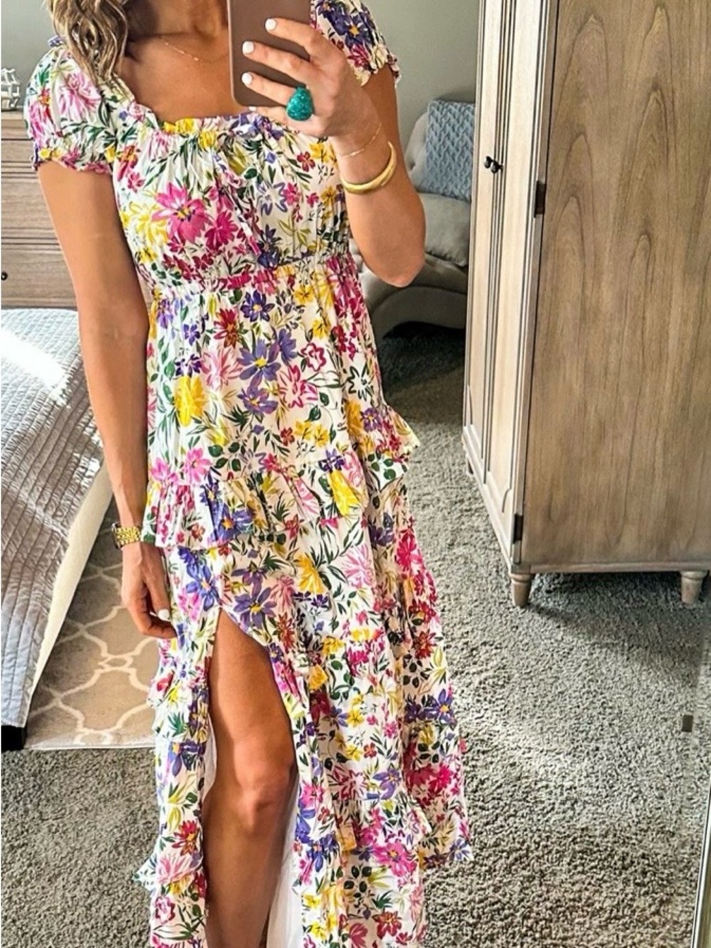 Astr Floral Ruffle Maxi Dress in White, Pink, Yellow & Purple